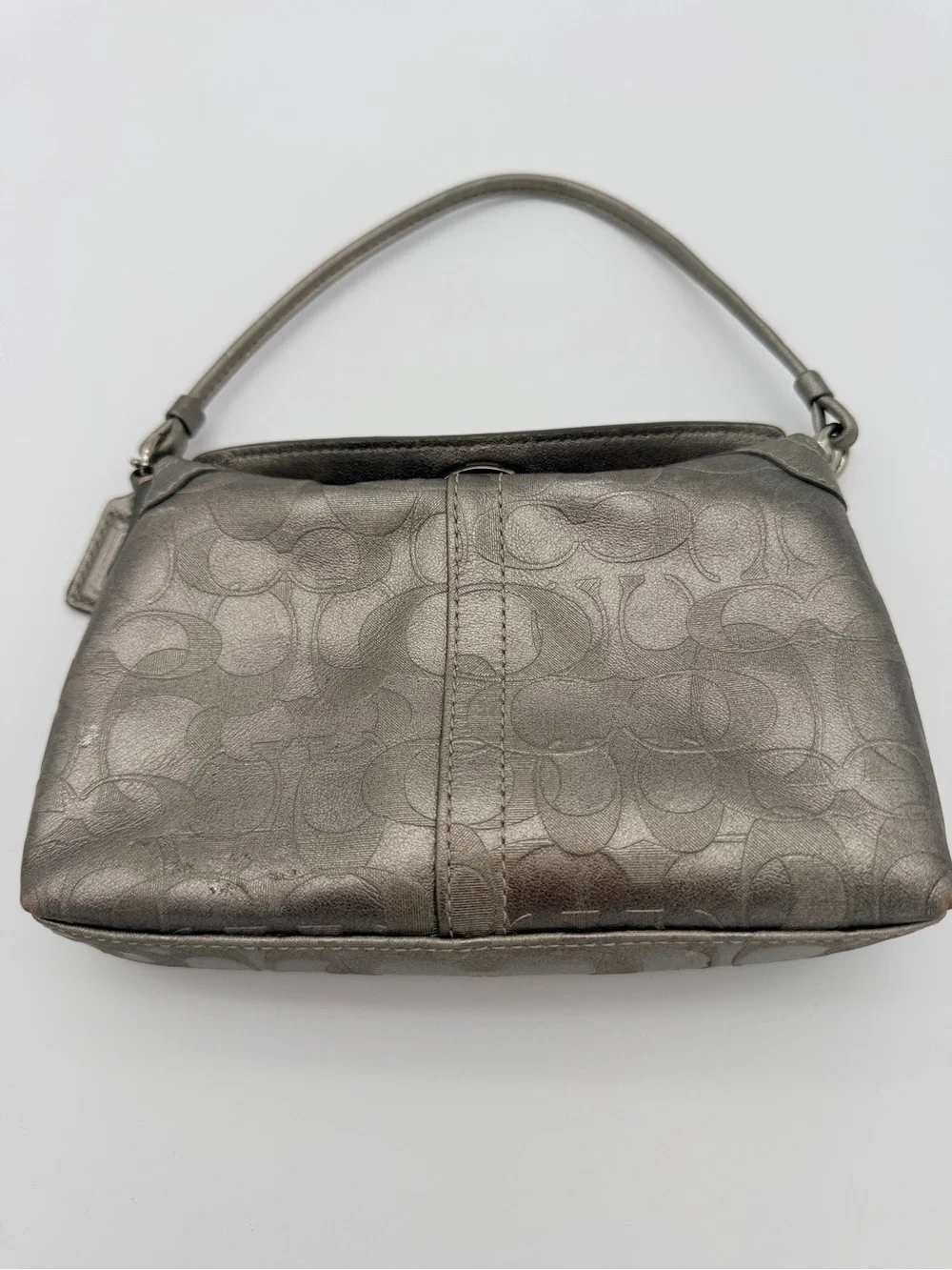 Coach Metallic Silver Shoulder Bag Silver Hardware Mini Demi Blue Turnlock CC